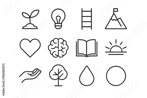 Personal Growth Icons. Personal growth. Line icon set of personal growth: seedling, lightbulb, ladder, mountain, heart, brain, book, sunrise, hand, tree, water