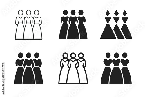 Matching Bridesmaids Logos. Bridesmaids in matching dresses. Icon set. Set Logo of bridesmaids in matching dresses: Group of women in identical