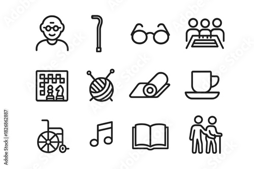 Senior Activity Icons. Senior at community center. Line icon set of Senior at community center: elderly person, walking cane, reading glasses, group activity,