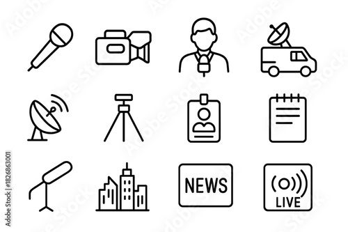 TV News Icons. TV journalists on location. Line icon set of TV journalists on location: microphone, camera, reporter, TV van, satellite dish, tripod, press