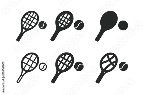 Diverse Tennis Logos. Sports equipment. Icon set. Set Logo of Sports equipment: tennis racket and ball. harmonious logo variations of the same emblematic