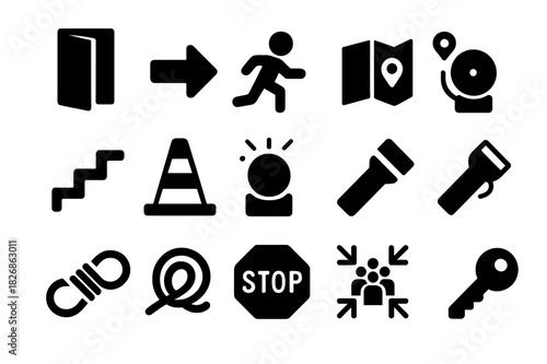 Evacuation Icons Set. Evacuation plan. Solid icon set of evacuation plan: exit door, arrow sign, running person, map, stairs, safety cone, alarm