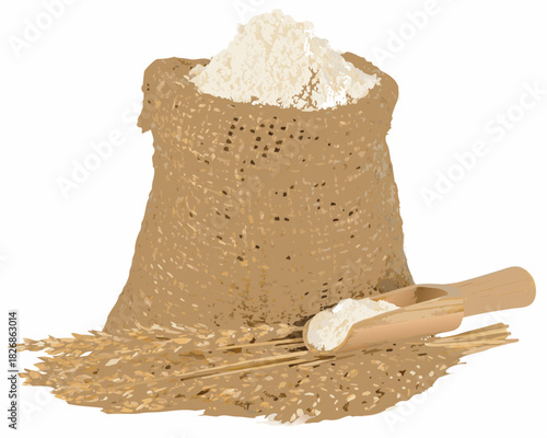 Bag of flour with wheat stalks and wooden scoop