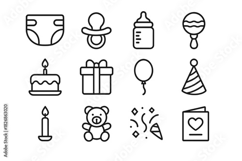 Baby Party Icons. Baby party essentials. Line icon set of Baby party essentials: diaper, pacifier, baby bottle, rattle, cake, gift box, balloon, party hat,