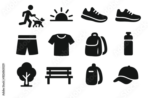 Morning Run Icons. Morning Run with Dog. Solid icon set of person, dog, leash, sunrise, sneakers, shorts, t-shirt, water bottle, backpack, hat, tree, park