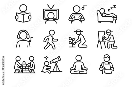 Leisure Icons Set. Leisure activities. Line icon set of leisure activities: reading, watching TV, gaming, napping, listening to music, walking, gardening,