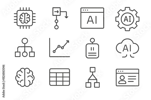 AI Icon Collection. AI-powered tools. Line icon set of AI-powered tools: neural chip, smart algorithm, AI interface, machine learning gear, decision tree,