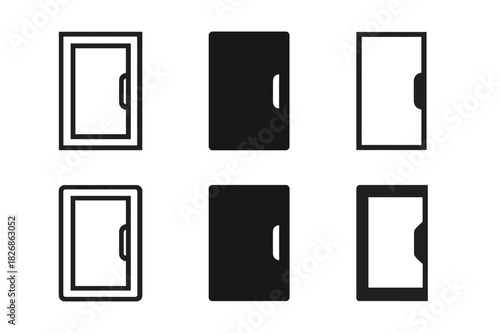 Modern Cabinet Logos. Cabinet door. Icon set. Set Logo of cabinet door: modern frameless door with hidden handle. harmonious logo variations of the same