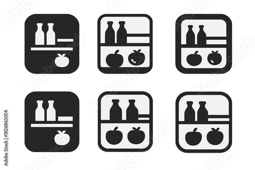Grocery Organization Icons. Putting groceries away. Icon set. Set Logo of putting groceries away: organized fridge shelves with bottles and produce icons.