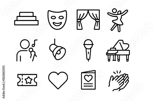 Performance Art Icons. Performance art. Line icon set of performance art: stage, mask, curtain, dancer, singer, spotlight, microphone, piano, ticket, heart,
