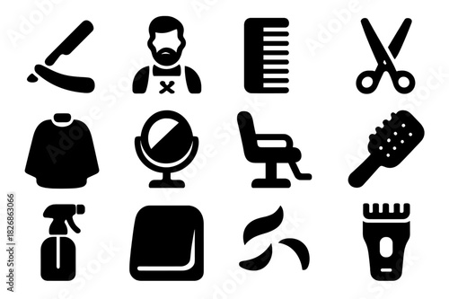 Barber Icon Set. Hair shaping. Solid icon set of Hair shaping: straight razor, barber, comb, scissors, cape, mirror, barber chair, hairbrush, spray bottle,