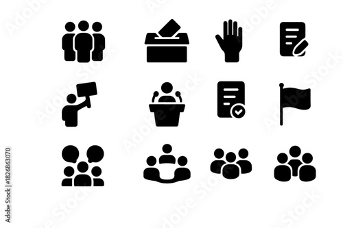 Civic Participation Icons. Civic participation. Solid icon set of Civic participation: citizen group, ballot box, hand vote, protest icon, speech podium,