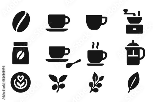 Coffee Icon Set. Coffee beans. Solid icon set of Coffee beans: coffee bean, coffee cup, espresso shot, coffee grinder, coffee bag, saucer, spoon, steaming mug,