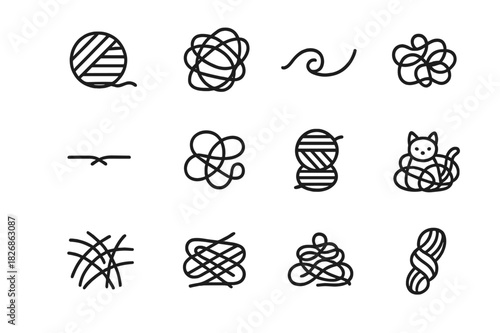 Yarn Entanglement Icons. Yarn entanglement. Line icon set of yarn entanglement: yarn ball, messy skein, curling strand, fuzzy tangle, broken thread,