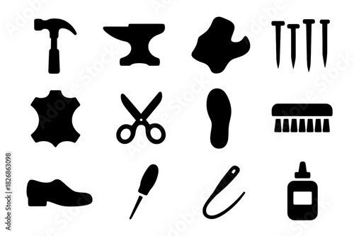 Cobblery Tools Icons. Cobblery. Solid icon set of cobblery: hammer, anvil, shoe mold, nails, leather, scissors, sole, brush, shoe, awl, needle, glue. Filled