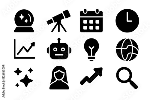 Future Study Icons. Future Studies. Solid icon set of crystal ball, telescope, calendar, clock, graph, AI robot, light bulb, globe, stars, fortune teller,