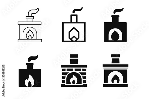 Winter Fireplace Icon Set. Winter fireplace. Icon set. Set Logo of winter fireplace: fireplace with chimney and smoke. harmonious logo variations of the same