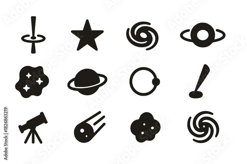 Astrophysics Icons Set. Astrophysics Icons. Solid icon set of quasar, star, galaxy, black hole, nebula, planet, orbit, light beam, telescope, comet, cosmic