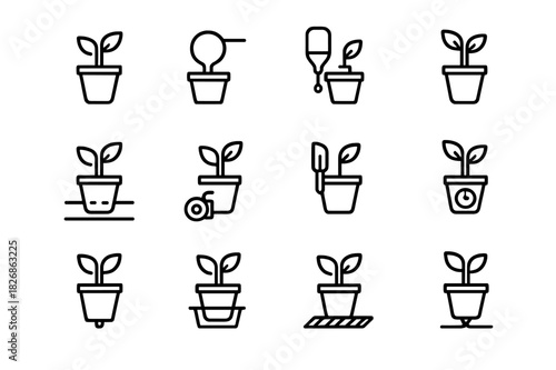 Watering Systems Icons. Watering systems. Line icon set of watering systems: wicking cord, water globe, drip system, self-fill bottle, irrigation pipe, pump