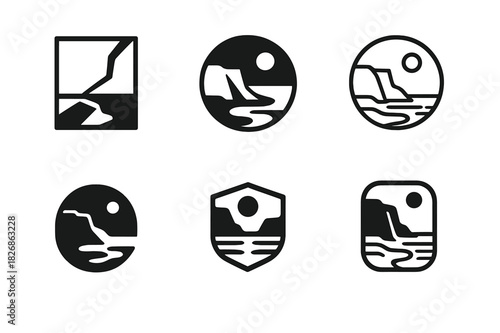 Coastal Cliffs Icons. Coastal cliffs and rugged shorelines. Icon set. Set Logo of Coastal cliffs and rugged shorelines: tidal pool. harmonious logo variations
