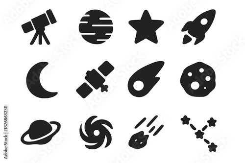 Astronomy Icon Set. Astronomy Icons. Solid icon set of telescope, planet, star, rocket, moon, satellite, comet, asteroid, orbit, black hole, meteor,