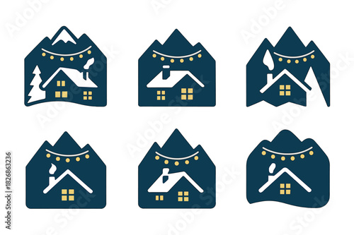 Ski Lodge Logos. Winter ski lodge or chalet celebration. Icon set. Set Logo of winter ski lodge or chalet celebration: festive lodge scene with mountains and