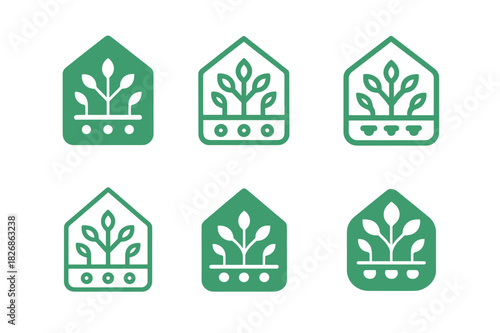 Greenhouse Logo Variations. Greenhouse farming. Icon set. Set Logo of greenhouse: modern hydroponic setup. harmonious logo variations of the same emblematic