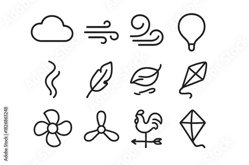 Weather Icons Set. Weather & Wind. Line icon set of Weather & Wind: cloud, gust, wind swirl, breeze, smoke trail, feather, leaf blowing, hot air balloon, fan,
