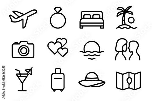 Honeymoon Icons Set. Honeymoon trip. Line icon set of honeymoon trip: airplane, ring, bed, palm island, camera, hearts, sunset, couple silhouette, cocktail,
