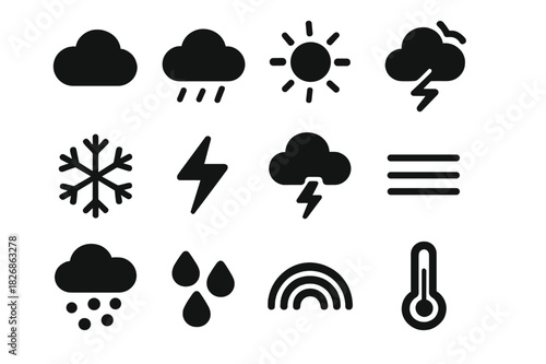 Weather Icons Grid. Weather elements. Solid icon set of Weather elements: cloud, rain, sun, wind, snowflake, lightning, storm, fog, hail, droplets, rainbow,