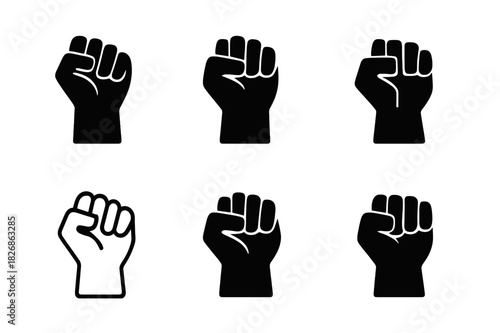 Clenched Fist Icons. Fist clenching. Icon set. Set Logo of fist clenching: raised clenched fist symbolizing strength. harmonious logo variations of the same