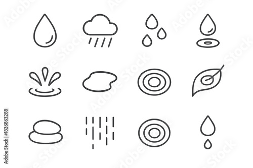 Weather Drop Icons. Weather Drops. Line icon set of Weather Drops: raindrop, cloud with rain, drizzle, water droplet, splash, small puddle, ripple, wet leaf,
