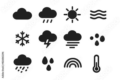 Weather Icons Grid. Weather elements. Solid icon set of Weather elements: cloud, rain, sun, wind, snowflake, lightning, storm, fog, hail, droplets, rainbow,