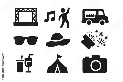 Summer Festival Icons. Going to a summer festival. Solid icon set of going to a summer festival: stage, music notes, dancing person, food truck, sunglasses,