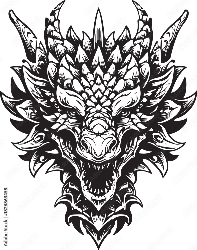 Fototapeta premium Ferocious Dragon Head Vector Illustration – Detailed Mythical Beast Line Art