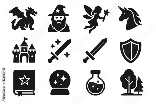 Fantasy Icons Grid. Fantasy World. Solid icon set of dragon, wizard, fairy, unicorn, castle, magic wand, sword, shield, spell book, crystal ball, potion,