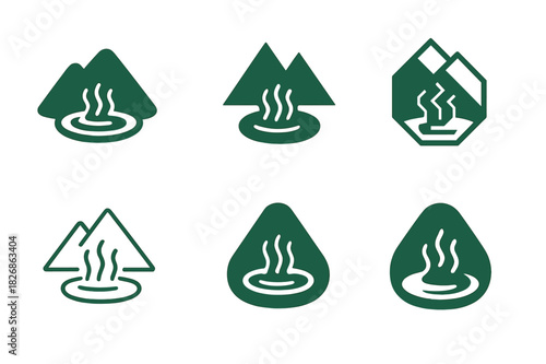 Wellness Tourism Logos. Nature-based wellness tourism. Icon set. Set Logo of wellness tourism: hot spring with mountains. harmonious logo variations of the