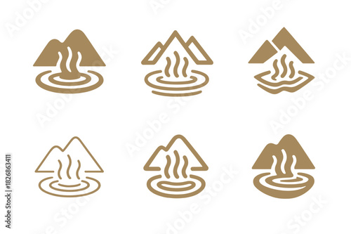 Wellness Tourism Logos. Nature-based wellness tourism. Icon set. Set Logo of wellness tourism: hot spring with mountains. harmonious logo variations of the