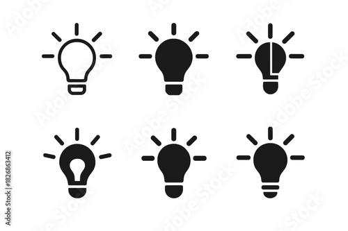 Lightbulb Logo Variations. New awareness. Icon set. Set Logo of lightbulb with rays. harmonious logo variations of the same emblematic concept (Minimal