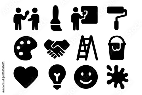 Collaborative Art Icons. Collaborative art. Solid icon set of collaborative art: people painting, brush, wall, roller, palette, handshake, ladder, bucket,