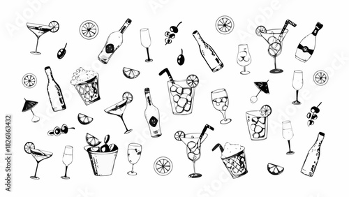 Hand drawn collection of alcoholic and non alcoholic drinks and bar elements