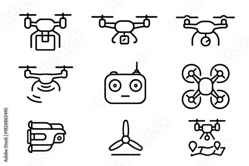 Delivery Drone Icons. Delivery Drones. Line icon set of Delivery Drones: drone with package, delivery drone, quadcopter, drone in flight, drone controller,