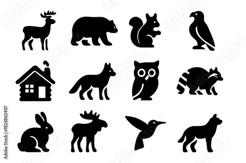 Wildlife Icon Grid. Wildlife around cabin. Solid icon set of Wildlife around cabin: deer, bear, squirrel, eagle, fox, owl, raccoon, rabbit, moose, hummingbird,