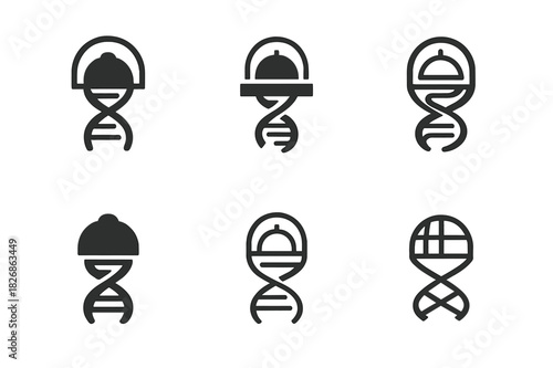 Space DNA Logos. Genetic Engineering for Space Colonization. Icon set. Set Logo of future evolution: DNA spiraling around colony habitat. harmonious logo