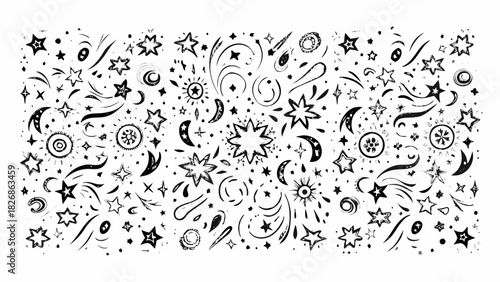Hand drawn black and white starbursts moons and swirls pattern