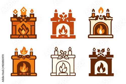 Winter Fireplace Logos. Winter fireplace. Icon set. Set Logo of winter fireplace: lit fireplace with hearth decorations. harmonious logo variations of the same
