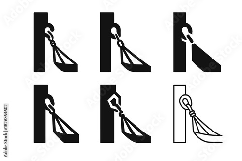Hammock Logo Variations. Setting up a hammock. Icon set. Set Logo of setting up a hammock: hammock hooks and ropes detail. harmonious logo variations of the