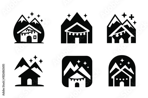 Ski Lodge Logos. Winter ski lodge or chalet celebration. Icon set. Set Logo of winter ski lodge or chalet celebration: festive lodge scene with mountains and