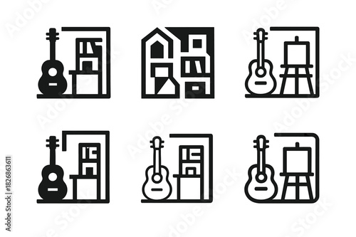 Hobby Space Logo Set. Making space for personal hobbies. Icon set. Set Logo of making space for personal hobbies: hobby room layout. harmonious logo variations