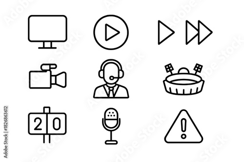 Replay Icons Grid. Replay & Highlights. Line icon set of Replay & Highlights: monitor, play button, rewind, fast forward, TV camera, timer, commentator,
